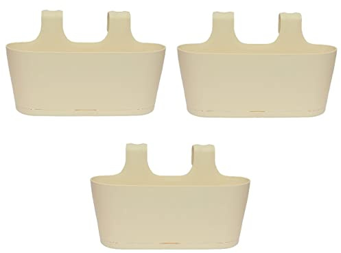 Engelland 3 x Blumenkasten zum Auf-Hängen, Farbe: Beige, Blumentopf, oval, Balkon, Übertopf, Pflanzkasten, mit Wasserspeicher/Wasserauffangschale