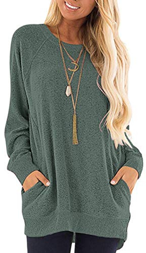 AUSELILY Tops de Manga Larga para Mujer Camisetas Casuales con Cuello Redondo Blusas Bonita Sudadera con Bolsillos