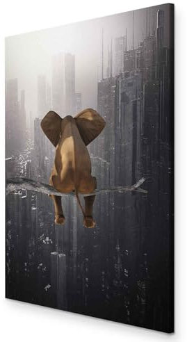 B&D XXL - Wandbilder Elefant auf einem Baum 60x90 cm 1 tlg - Wand Deko Vlies Leinwand Bilder Groß Wanddeko Wohnzimmer Schlafzimmer Kunstdrucke - Tier Stadt Architektur Abstrakt