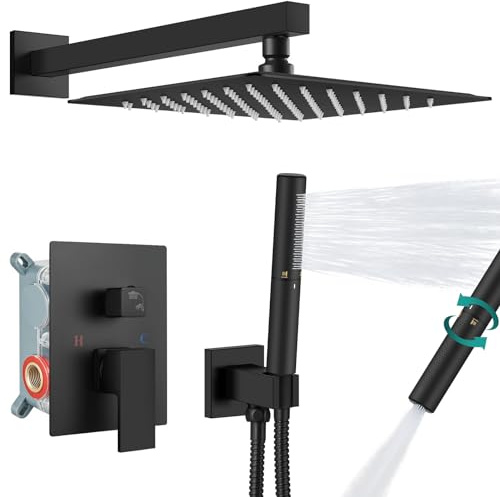 Aolemi Shower Faucet Set, High Pressure Shower System with 2-in-1 Handheld Sprayer, Wall Mount Fixture Combo with Rough-in Valve, 12 Inch Shower Head, Matte Black