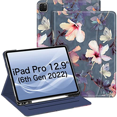 Fintie Fodral kompatibelt med iPad Pro 12,9 tum (2022/2021/2020/2018, 6:e/5:e/4:e/3:e generationen), smart stativskydd med flera vinklar och ficka, automatisk sov/vakna, blommande hibiskus