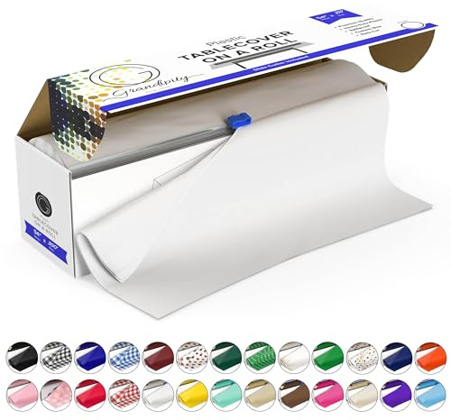 Grandipity Rotolo di tovaglia di plastica, 137,2 x 91,4 m, bianca, per feste, usa e getta, con scatola taglierina, da tagliare su misura, tovaglia usa e getta in plastica per tavolo rettangolare e