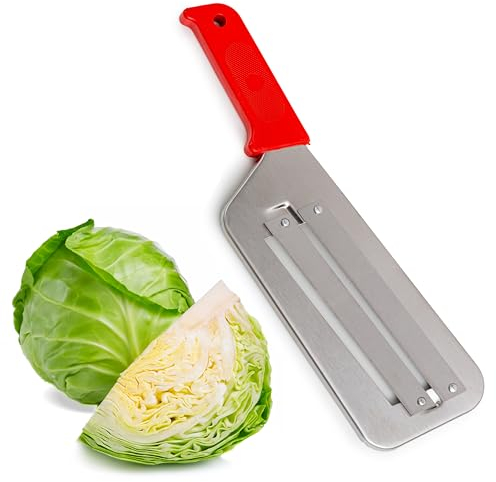Cortador de cuchillo de repollo para chucrut y ensalada de col – Picador de acero inoxidable con dos cuchillas afiladas, mango de plástico (rojo)