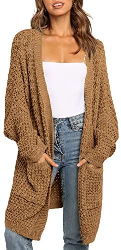 Uusollecy Cardigan Mujer Larga Chaqueta Punto Grueso Monocolor para Otoño e Invierno Abrigo Informal con Bolsillo, Marrón, S