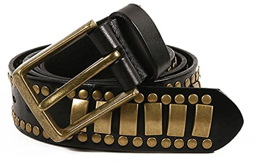 YOPADO Nietengürtel Herren/Damen Rindsleder Gürtel Mit Schnalle Punk Gold Rechteck Niete Rock Gothic Ledergürtel Für Jeans Hosen(105cm/waist:34~36, Black)