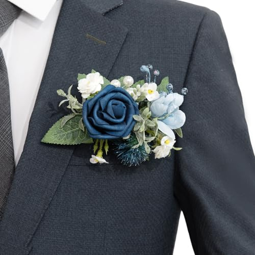 Ling's moment Single Pocket Boutonniere for Man Groom, Artificial Flowers for Wedding Decor/Prom/Homecoming/Graduation, etc.Dusty Blue Navy