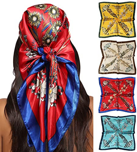 Molans Satin-Haarschal, groß, quadratisch, 88,9 cm, 4 Stück, Seide, Kopftuch für Damen, Kopfbandagen zum Schlafen, Blau/Gelb/Rot/Cremefarben, Groß