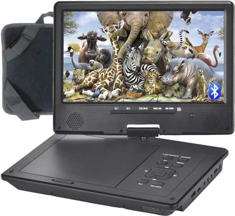 YOOHOO12.5Bluetooth Portable DVD Player with 10.5 Swivel Screen Car for kids,Supports Rechargeable Battery, All-Region free, Earphone/TF Card/Direct Play All Formats MKV/MP4/WAV/RMVB/MP3/CD