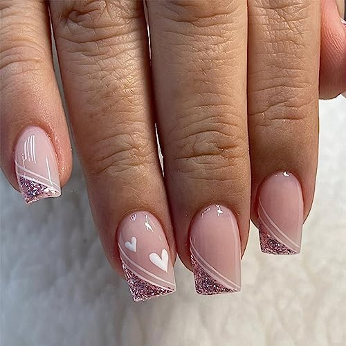 TMUT 24pcs Short Square False Nails French Tip Stick on Nails Glitter Pink Edge Press on Nail with Heart Design Removable Glue-on Full Cover Fake Nail Art Accessories for Women, Variety Pack