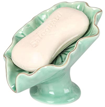 OWLKAY Soap DishSoap Tray，Soap Drainer Rack，European Maple Leaves Style Soap Holder, Ceramics Soap Dishes for Bar Soap, Porcelain Soap Saver, Soap Tray, for Bathroom Decoration-blue-13x8.5x9.5cm
