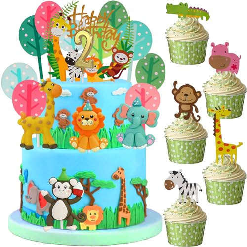 29 Stück 3D 2. Tier Geburtstag Tortendeko Safari Dschungel Tortendeko Waldtiere Geburtstag Party Happy Birthday Kuchen Deko Set Cupcake Cake Toppers Supplies Für Jungen Mädchen Kinder 2 Jahr (Zahl 2)