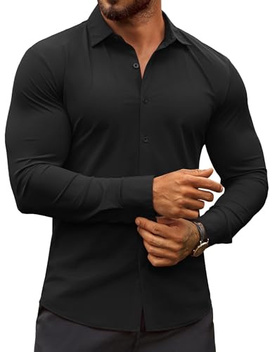 COOFANDY Men's Black Dress Shirts Long Sleeve Muscle Fit Shirt Wrinkle Free Button Up Shirt