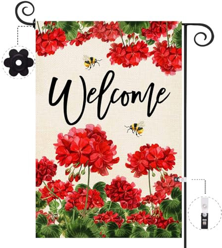 Baccessor Bandera de jardín de bienvenida de geranio de doble cara para primavera y verano, diseño floral de abeja roja pequeña, de arpillera, para patio, casa, casa de campo, exterior, decoración al