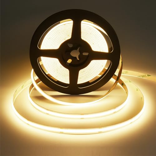 SIRYYUI 12V COB LED Strip Lights 5M, 3000K Warm White High Density | 480LEDs/M, CRI90+ 8mm Width, Flexible Cuttable, Dotless LED Tape Lights for Under Cabinet Kitchen Lighting (No Power Supply)