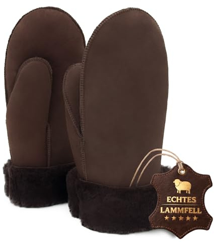 Rohn Moden Lammfell Handschuhe Damen & Herren aus echtem Lammfell – Nepal – Warme Fäustlinge Unisex, Fausthandschuhe mit weichem Fellfutter, Fellhandschuhe Herren & Damen gegen kalte Hände, Braun