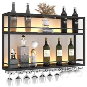 Porte-Bouteilles Muraux Industriels Avec Lumière LED, Casier À Vin En Fer Pour Cave À Vin Avec Porte-Verre À Vin Suspendu, Étagères Présentoir De Bouteille De Vin, Pour Salon, Bar, Salle À Manger