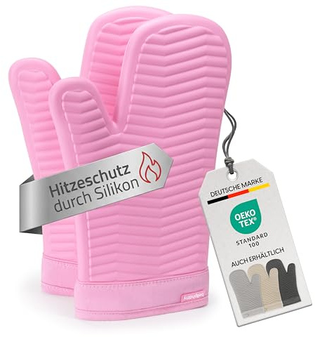 Bellphany Ofenhandschuhe Silikon - Topfhandschuhe, Backhandschuhe, Rosa | Rutschfestes Paar Kochhandschuhe zum Kochen & Backen, Backofenhandschuhe hitzebeständig bis 250°C, oder als Topflappen