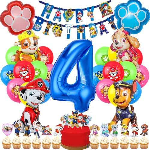 Dog Patrol Geburtstag Deko, Luftballon 4. Geburtstagsdeko, Hund Patrol Ballons, Blau Luftballon Zahl 4, Tortendeko, Happy Birthday Banner für 4 Jahre Kindergeburtstag Partydeko