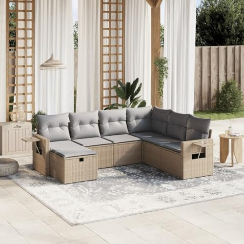 Rantry 7-TLG. Gartensofa Set mit Kissen Gartenlounge Gartenmöbel Loungesofa Balkonmöbel Ecklounge Ecksofa Loungemöbel Sitzgruppe für Terrasse Balkon Garten Beige Poly Rattan
