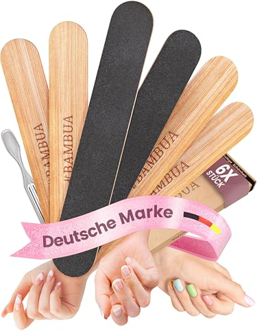 BAMBUA Nagelfeile Set - (100% Plastikfrei) Nagelfeile 100/180 aus Bambus für höhere Langlebigkeit - Nagelfeilen Naturnägel, Nagelfeilen für Gelnägel, Feilen Nägel, Nail File (6 Stk.+Nagelhautschieber)
