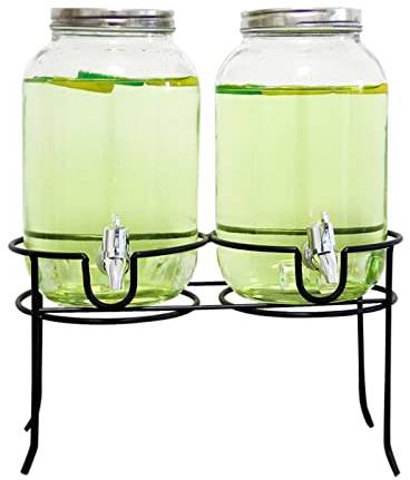 Distributeur d'eau, distributeur boissons Double distributeur boissons 3 L Distributeur boissons froides verre et support métal Pot Mason à large ouverture pour thé du soleil Thé glacé pour faire d