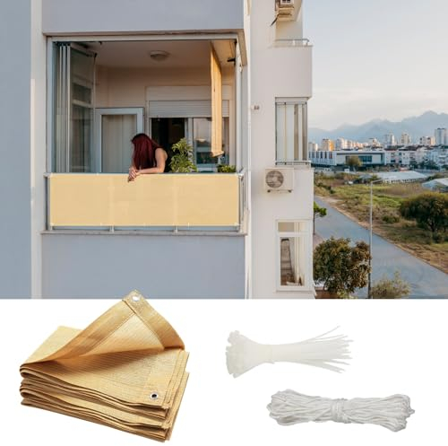 GAIFNAG Balkon Sichtschutz Privafence 105 x 900 cm Balkonsichtschutz mit Ösen, Balkonumspannung, Balkonverkleidung HDPE 220G/M², Wind- Und Uv-Schutz für Balkon Terrasse Garten, Sandgelb