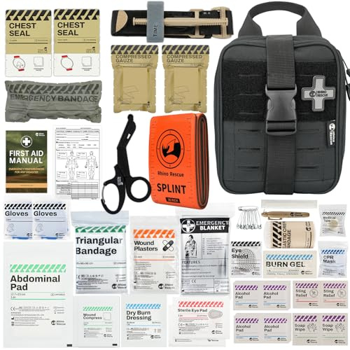 RHINO RESCUE IFAK, Erste-Hilfe-Kit, Trauma Notfallversorgung taktische mit Gaze und Bandage für Jagd, Camping, Reisen (Schwarz PRO)