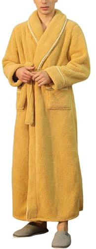 RUMAOZIA Peignoir en polaire pour homme - Doux et chaud - Robe de chambre décontractée - Avec ceinture - Kimono - Sauna - Automne - Hiver - Vêtement de nuit - Coupe ample, O jaune., XL
