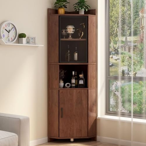 Generisch Hoher Eckschrank, Eckschrank im Landhausstil, moderner Lagerschrank mit Glastüren, freistehender Vorratsschrank für Wohnzimmer, Küche und Esszimmer, Walnuss