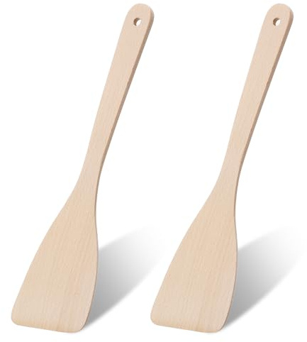 Wanmu 2 Stück Holzspatel zum Kochen, 32cm Pfannenwender, Unbeschichteter Flacher Buchenwender, Holzkochutensilien, Langer Griff Schaber, Kratzfreie Holz Wok Spatel für Küche und Antihaft-Kochgeschirr