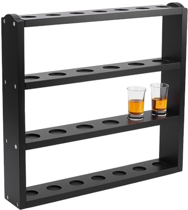 NBEADS Wood Shot Glass Display Case, Bar Collection Stand Four-layer Pine Wood Shot Glasses Holders for Family Party Bar Pub, Black 43x40x7.5cm