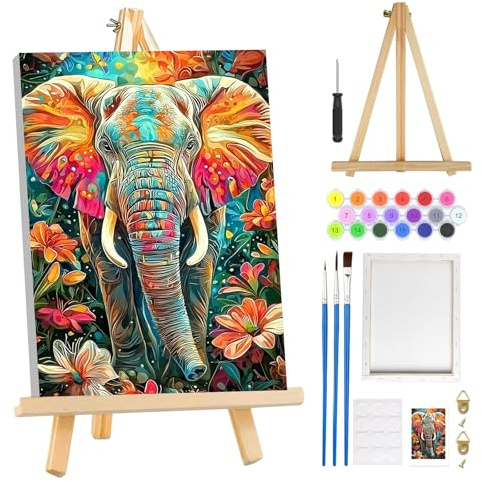 MOGTAA Elefant Malen Nach Zahlen Erwachsene mit Rahmen, Tiere Malen Nach Zahlen Mit Holzstaffelei, DIY Blume Ölgemälde Leinwand Set Acrylic Malerei Bilder für Home Dekor, 20x30cm
