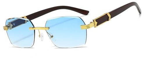 MEGAVOW Rectangle Lunettes de Soleil sans Monture, Sangle de Lunettes, Lunette de Soleil avec Jambes en Bois d'imitation, Coupe Diamant Lentille, Solaires à la Mode Classique Stylé