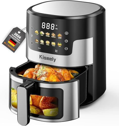 Heißluftfritteuse, 6-Liter Airfryer mit Glas-Touchscreen, 10-in-1-Edelstahl-Luftfritteuse mit automatischer Abschaltzeit und Temperaturregelung zum Braten, Backen, Grillen und Warmhalten (VU2)