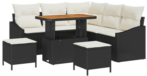 vidaXL 8-teiliges Gartensofa-Set mit Kissen in Schwarz und Creme – Poly Rattan Außenmöbel für 5 Personen, UV-beständig, modernes Lounge-Set für die Terrasse.