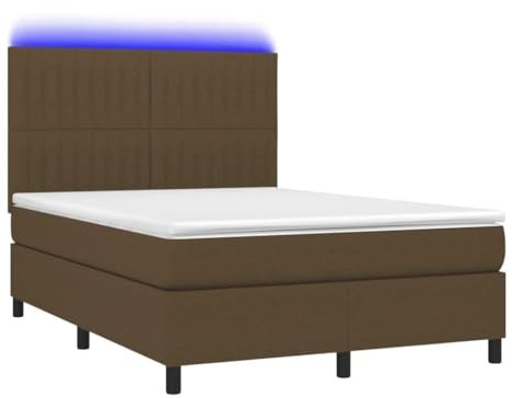 Eleganz Cama con somier con colchón y 140 x 190 cm, color marrón oscuro, moderna cama de tela para dormitorio, cómoda y duradera con iluminación debajo de la cama