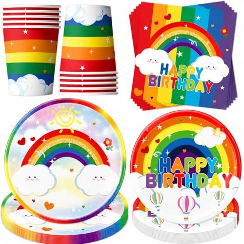 50 Stück Regenbogen deko Partygeschirr Set,Kindergeburtstag Geschirr Set,Regenbogen Partygeschirr Geburtstag,Kindergeburtstag Deko mit Teller Becher Servietten,Party Geschirr für 10 Gäste