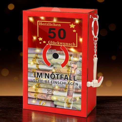 TUZELIYA 50 Geburtstag Frauen & Männer (18x12x8cm) - Geldgeschenke 50. Geburtstag - Lustige Notflallbox mit LED-Beleuchtung & dekorativem Hammer - Holz Geschenkbox - Personalisierte Geschenke für Geld