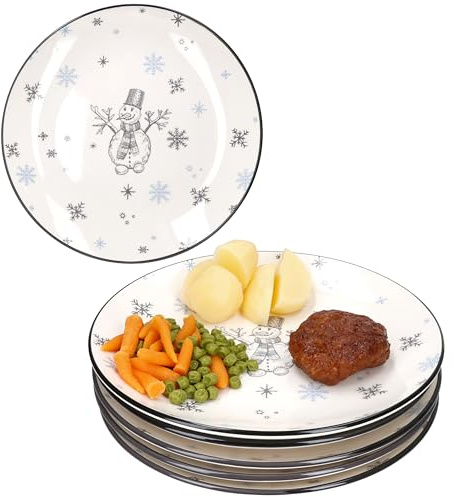 MamboCat Olove Lot de 6 assiettes plates, diamètre : 27 cm, en faïence, avec bonhomme de neige et flocons de neige, pour 6 personnes, pour Noël, l'Avent et Saint-Nicolas