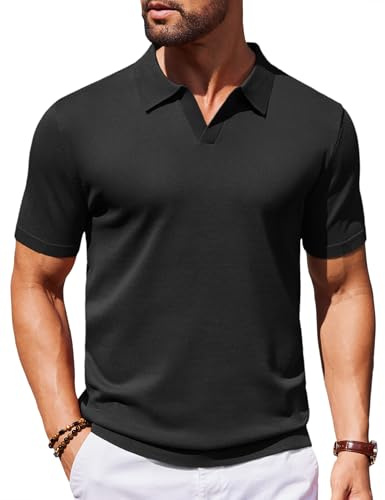 COOFANDY Men's Knitted Polo Shirts Short Sleeve Summer Casual Golf Polos Black L