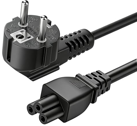 Câble d'alimentation 1,5m Type F Coudé à 90° vers Prise C5 Cable Alimentation 3 Broches pour TV PC Moniteur, CEE 7/7 vers Mickey Mouse Triple Broche IEC C5,16A Accouplement en Forme Trèfle 3 x 0.75mm²