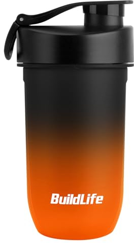 BuildLife Shaker Bottle, 600ML Tritan Protein Shaker Water Bottle, Shakes Cup with Strainer for Protein Powder Supplement Smoothie Quiet Mixing, Lump-Free Dishwasher Safe (BlackOrange)
