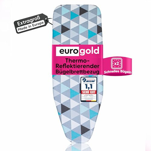 EUROGOLD Bügelbrettbezug 130x50 cm (passend für 130x48–52 cm) | Baumwolle, vollflächig metallisiert, wärmereflektierend, für Dampfbügelstation, Gummizug (Triangles Laguna, Größe L-XL)