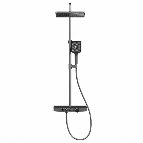 EMKE Duschsystem mit Thermostat, 300 × 200 mm Regendusche mit armatur, Regendusche Komplettset mit Glasablage (360×140 mm), Duschset mit Handbrause 3 Strahlarten, höhenverstellbar, KTW, Anthrazit Matt