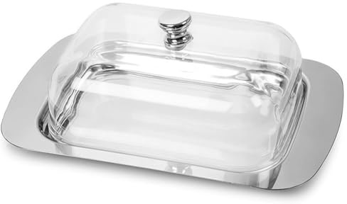 NINMORTH Hoppipola - Mantequillera de acero inoxidable con tapa para almacenamiento de cocina, incluye plástico transparente y cubierta de metal, 18,6 x 16 x 6,5 cm