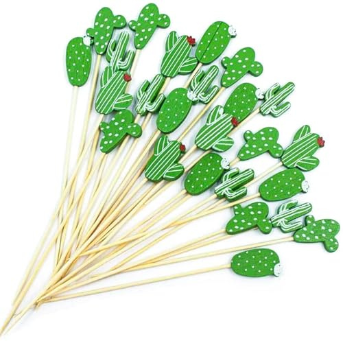 100 Palillos para Aperitivos con Cactus, Pinchos para Aperitivos Hawai, Palillos de Cóctel de Madera, Decoraciones Cócteles Graciosos, Decoración de Fiestas para Fruta, Postres, Tartas (Farbe-G)