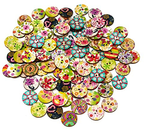 Oblique-Unique® 100 Stück Holzknöpfe Rund Durchmesser 20mm buntes Design - Nähen Kleidung Deko Basteln
