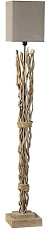 ONLI - Piantana, lampada da terra Marika. Paralume in tela color sabbia, struttura formata da rami in legno nature. Stile moderno, naturale, organico. Paralume stoffa color sabbia. 1 x E27