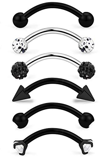 Dyknasz 6 Pcs 16G Stainless Steel Eyebrow Piercing Rings Clear CZ Curved Barbell Helix Daith Piercing Body Jewelry for Women Men Black