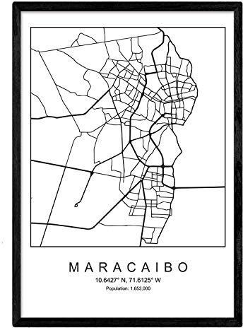 Mappa della città Mappa Maracaibo (2) stile nordico in bianco e nero. Manifesto A3 Dimensione incorniciata con cornice nera carta stampata 250 gr. Immagini, fogli e poster per salone e camera da letto